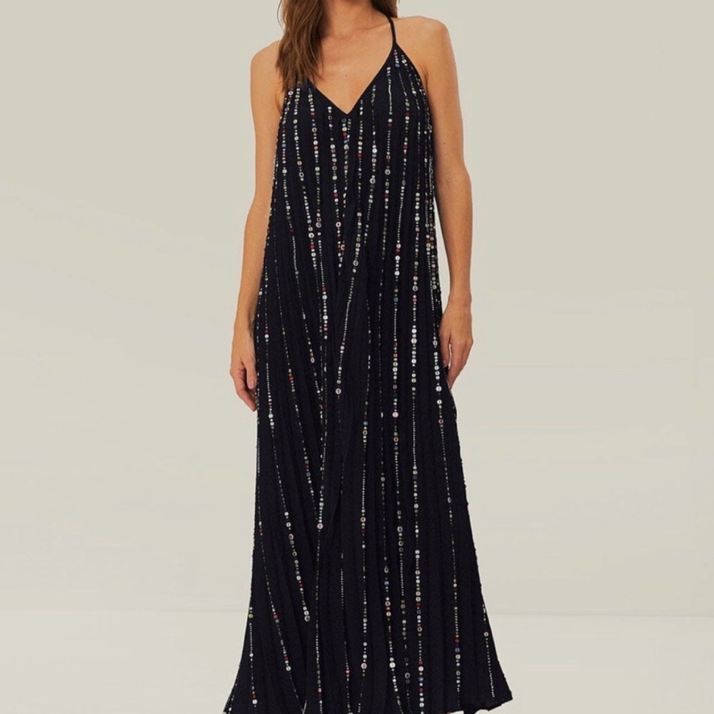 FARM RIO Black Sequin Maxi Slip Dress - Elegant Evening Wear